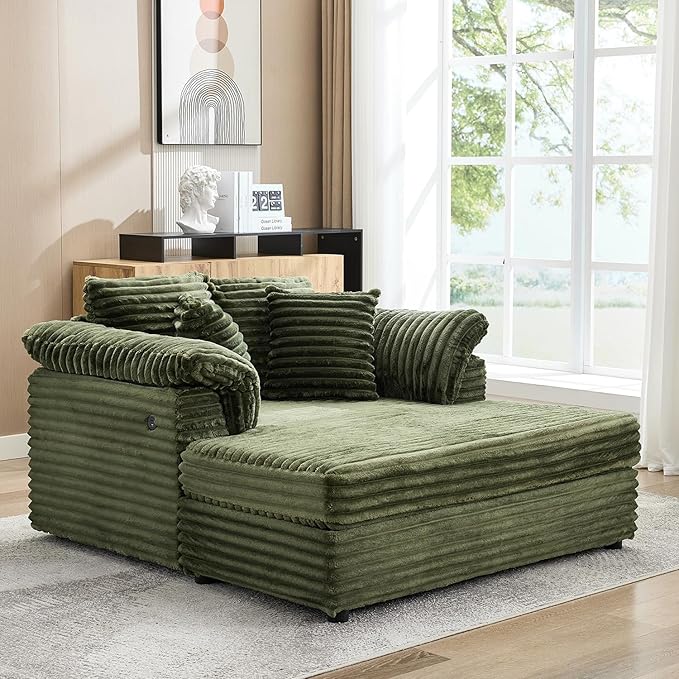 Oversized Chaise Lounge Chair 59 * 54 Inch Indoor Comfy Corduroy Cloud Sleeper Couch Upholstered Sofa Bed with USB Port Throw Pillows Supportive Armrests for Living Room