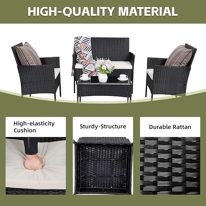 Patio Furniture Set 4 Pieces, Outdoor Rattan Furniture with Tempered Glass Coffee Table, Modern Rattan Patio Chairs Conversation Sets with Sofa for Garden, Terrace, Porch, Lawns