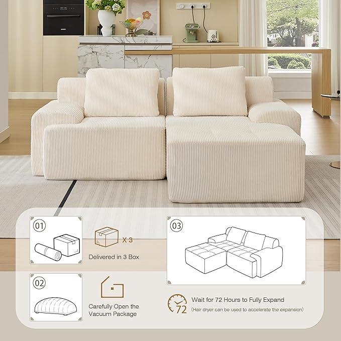 Modular Sectional Sofa, Boneless Couches for Living Room, Corduroy Couch, Big Comfy Couch, Modular Cloud Sofa with Deep Seat (White, 3 Pieces-L Shape)