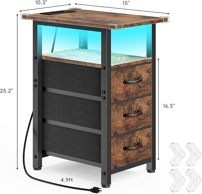 Vagusicc Set of 2 Nightstand with Charging Station and LED Lights, Narrow End Table, LED Nightstand with 3 Fabric Drawers for Bedroom, Narrow Side Table, Slim Sofa Side Table for Small Spaces, Brown - Image 3