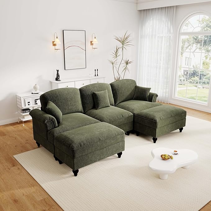 Rovibek 107” U Shaped Couch, Chenille Midcentury Modern Sofa with Detachable Ruffle Hem, Sectional Couches for Living Room with Throw Pillows & 2 Ottoman, Green