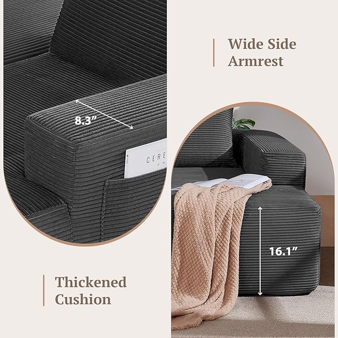 97inch Boneless L-Shaped Sectional Sofa with Throw Pillow & Side Pockets- No Assembly Compressed Modular Couch, Memory Foam, Deep Seat for Living Room, Bedroom, Apartment Grey Right