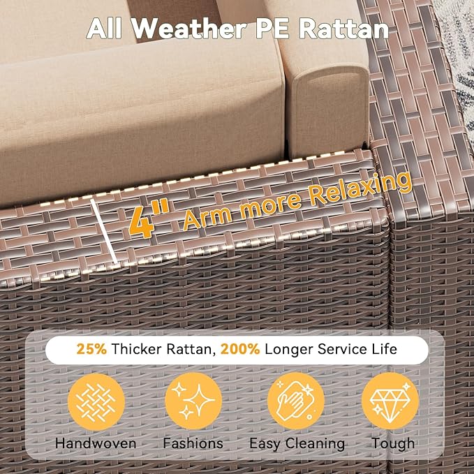 Aoxun 8 Piece Patio Furniture Set, Wicker Outdoor Furniture Set with Storage Box, Patio Sectional Set with Thickened Cushions, Waterproof Cover and 25.6" Coffee Table (Brown& Khaki)