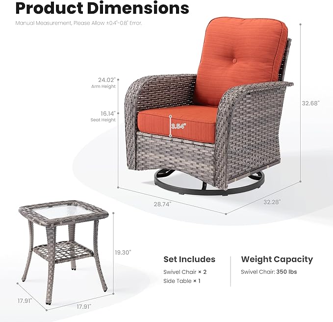 ovios 3-Piece Patio Furniture Set, Outdoor Wicker Sofa with Swivel Chairs, High Back Rattan Gliders Rocker with Comfy Cushions for Porch Yard Deck, Orange Red