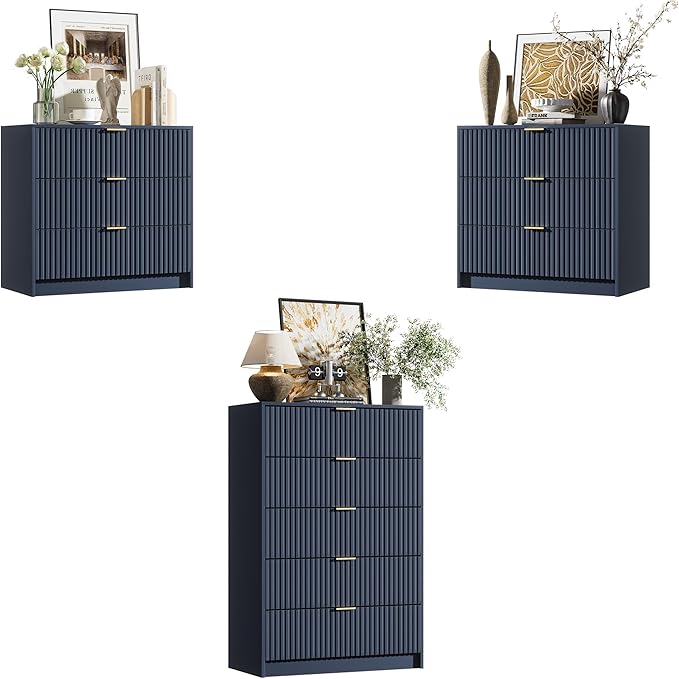 Furniway Navy Blue Dresser Bedroom Set 3 Pieces, Nightstands Sets of 2, 5 Drawer Dresser with Gold Handles for Bedroom