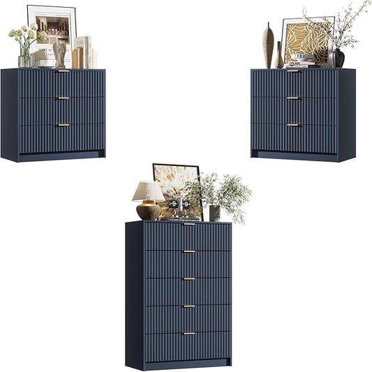 Furniway Navy Blue Dresser Bedroom Set 3 Pieces, Nightstands Sets of 2, 5 Drawer Dresser with Gold Handles for Bedroom