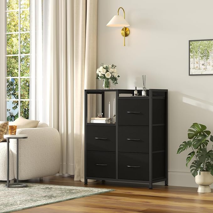 DUMOS TV Stands for Bedroom with 5 Drawers, 5-Drawer Chest of Drawers with Raised Shelf, Storage Tower with Fabric Bins for Closet Organization, Hallway Storage, Ink - Image 8