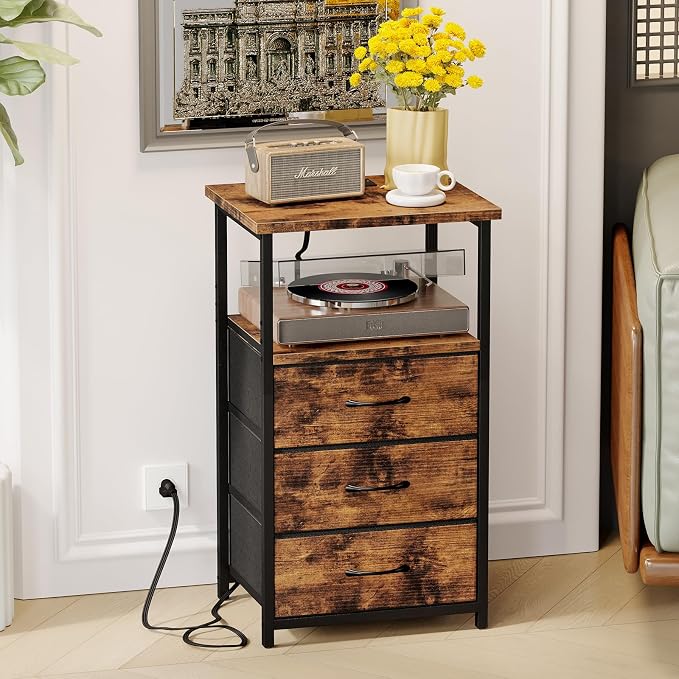 Fixwal Night Stand with 3 Fabric Drawers, Nightstand for Bedroom, Bedside Table with Charging Station End Table with Storage, Rustic Brown - Image 5