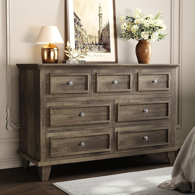 GAOMON Grey Dresser, 7 Drawer Dresser for Bedroom, 47" W Chest of Drawers with Deep Drawers, Closet Dressers with Metal Handle, Thickened Desktop, Wood Rustic Drawers for Hallway, Entryway, Closet by GAOMON