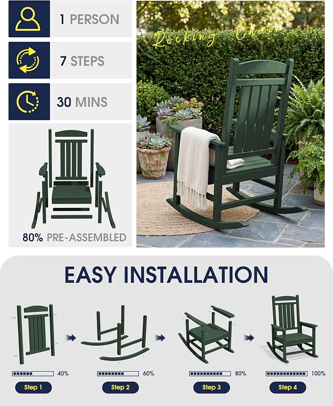 KINGYES Oversized HDPE Outdoor Rocking Chair Set of 4, All-Weather Patio Rocking Chair, Weather Resistant Porch Rocker for Adults, Dark Green - Image 8