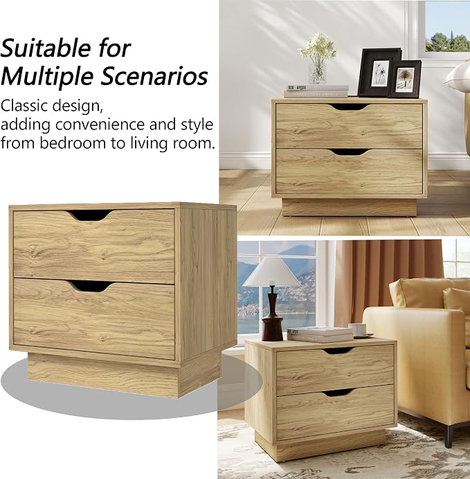 Modern Nightstand with Charging Station, Night Stand Wood Bedside Tables with 2 Storage Drawers, End Table for Bedroom, Office, Sofa, Natural - Image 4