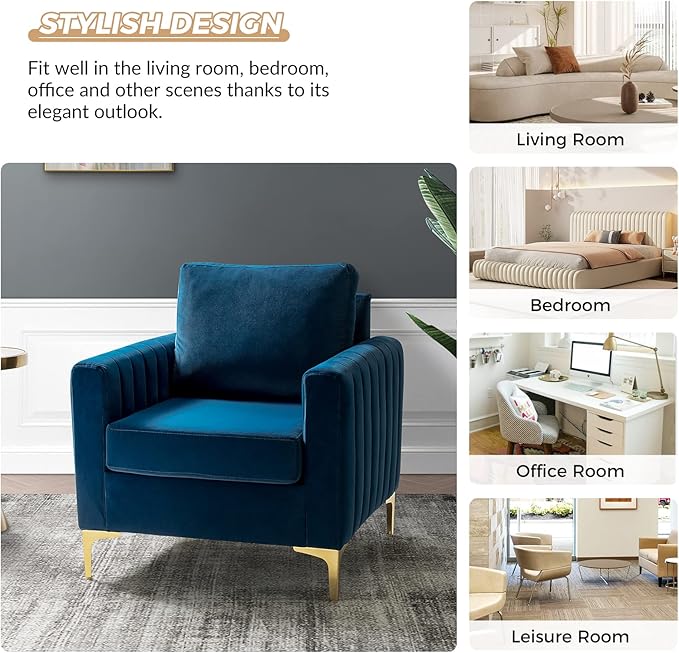 HULALA HOME Velvet Accent Club Chair, Modern Velvet Armchair Upholstered Accent Club Sofa Chair with Gold Metal Legs Mid-Century Barrel Leisure Comfy Reading Armchair, Navy