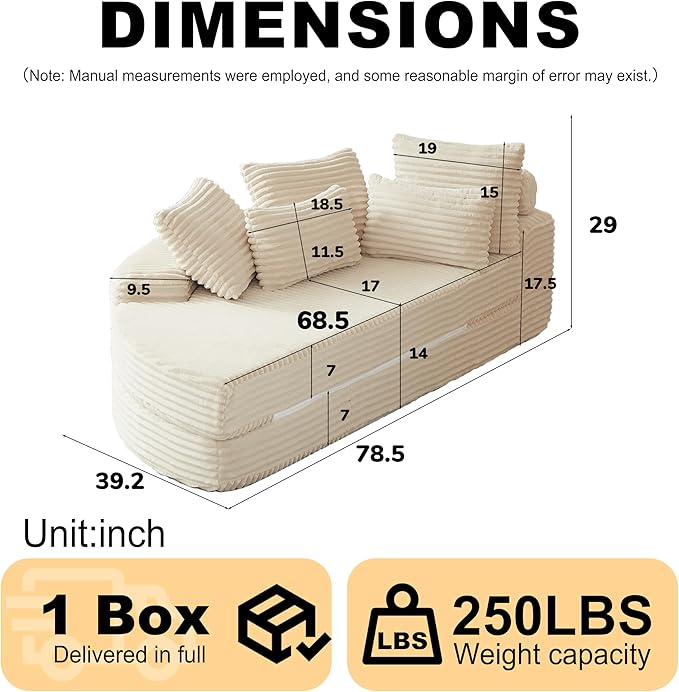 ERYE Oversized Round Sofa Chaise Daybed Comfy Corduroy Couch Boneless Sleeper Recliner Sofabed with 10 Pillows and Headrests