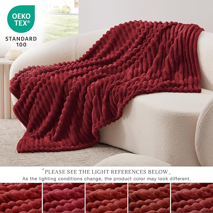 EXQ Home Fleece Throw Blanket for Couch or Bed - 3D Stripe Jacquard Decorative Blankets - Cozy Soft Lightweight Fuzzy Flannel Blanket Suitable for All Seasons(50"??60",Red)