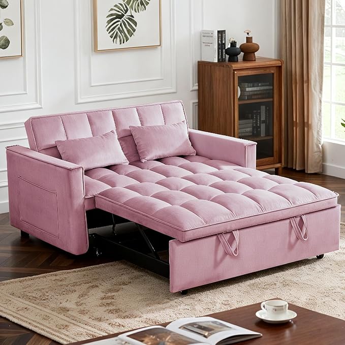 Convertible Sofa Bed, Pull Out Couch with Side Pockets, 3 in 1 Velvet Fabric Loveseat Sleeper Sofa Bed, Pull Out Couch with Adjustable Backrest for Living Room, Bedroom, Apartment, Pink