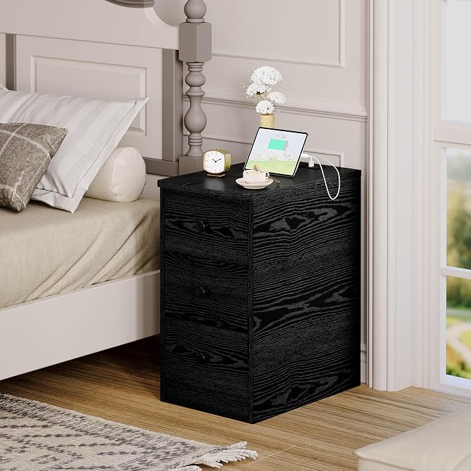 LIKIMIO Nightstand with Charging Station, Narrow Bedside Table with 3 Drawers, End Table with USB Ports and Outlets, Side Table for Living Room/Bedroom Modern - Image 2