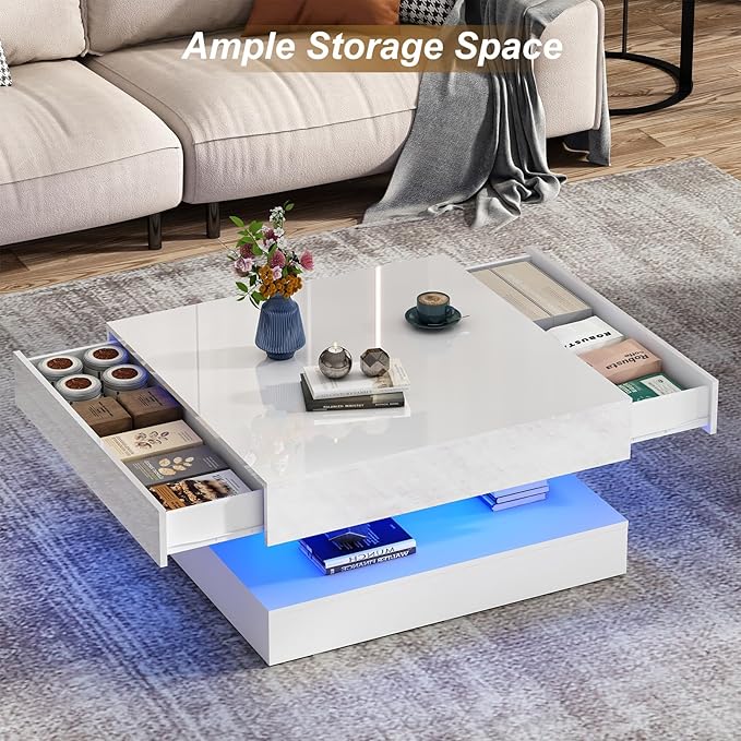 33.9" LED Coffee Table with Storage, Modern High Glossy Living Room Table w/2 Drawers,Double-Layer Design Large Square Center Table for Living Room, Home, Office, White