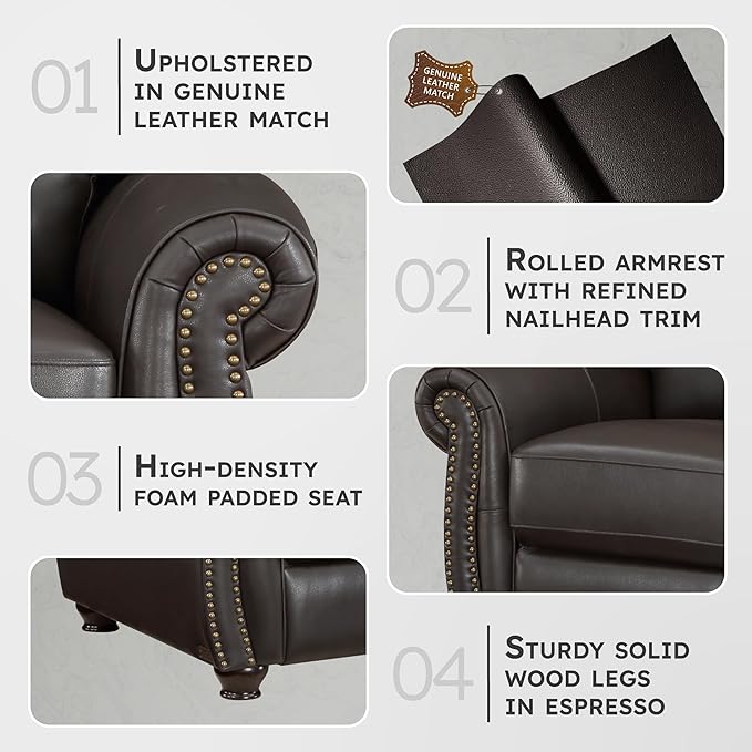 Lexicon Leather Match Couch for Living Room with Wood Frame, Rolled Armrest & Nailhead Trim, Top Grain Leather Match Sofa for Bedroom, Office, Waiting Room, 2-Seater Loveseat, Dark Brown