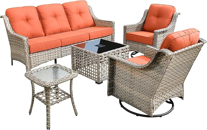 Patio Conversation Set,5 Pieces Wicker Patio Furnitures with Swivel Chair and Coffee Table,All Weather Patio Furniture Set for Garden,Backyard,Poolside and Patio,Bold Orange