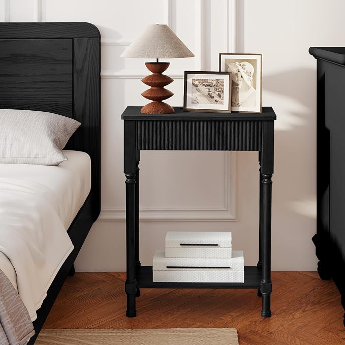 Night Stand Set of 2,Fluted Nightstand with Charging Station, 23.6” Large Bed Side Table End Table with Drawer, Modern Mid Century Wooden Night Stands Bedside for Bedroom Living Room Sofa Office,Black - Image 7