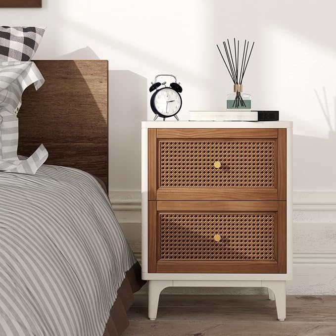 COZAYH Set of 2 Fully-Assembled 2-Drawer Woven Cane Front Accent Nightstand with Brass Knobs, Distressed White - Image 6
