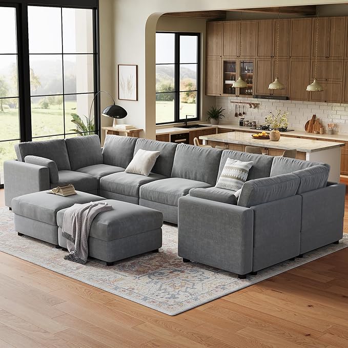 IDEALHOUSE 172" Modular Sectional Sofa, 9 Seater Sectional Couch, U-Shape Modern Sofa with Ottoman, Deep Seat, Oversized Convertible Modular Couch for Living Room Apartment Office, Chenille, Grey