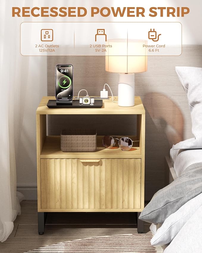 Fluted Night Stand Set 2 with Charging Station, Wood Nightstand with Large Drawer and Open Storage Cabinet, Mid-Century Modern Bedside Table End Table for Bedroom Closet Office - Image 4