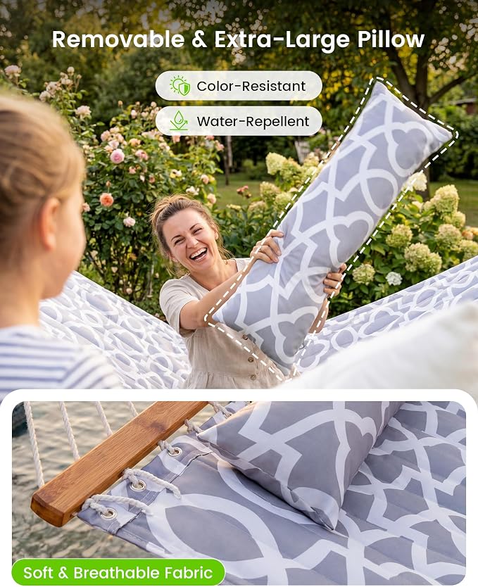 ANAGOO Double Quilted Outdoor Hammock for 2 Adults, 500lb Capacity Backyard & Camping Hammock with Pillow and Bamboo Spreader Bar, Fits 11–15ft Hammock Stands (Stand Not Included),Light Gray - Image 4
