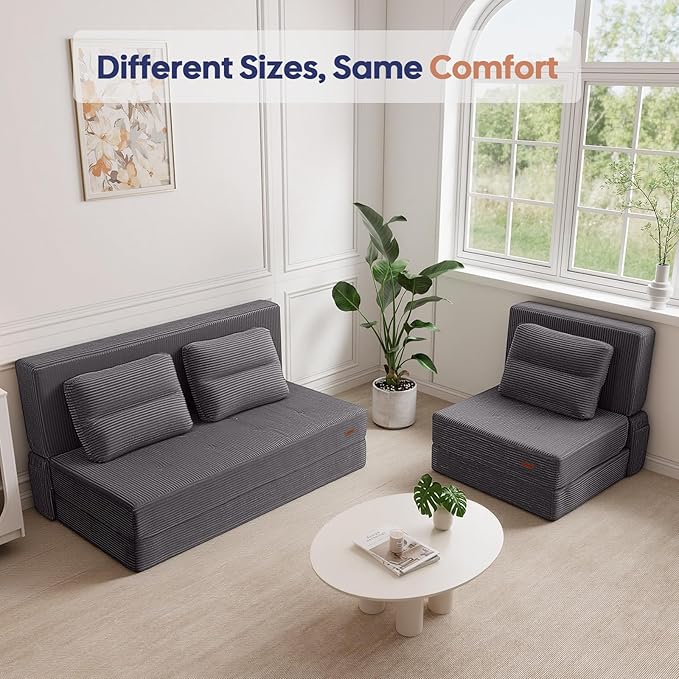 COMAX Folding Sofa Bed, Foldable Couch for Bedroom, Convertible Floor Sleeper Futon Chair Foam, Corduroy 3 in 1 Fold Out Chair Portable Comfy Lounge Couch Sofa Bed for Small Space, Full, Grey