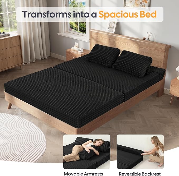 MeMoreCool Convertible Sofa Bed Black, Folding Floor Couch Bed Queen, Pull Out Sleeper Couch with Pillows, Corduroy Fold Out Futon Sofa for Bedroom Living Room Small Space