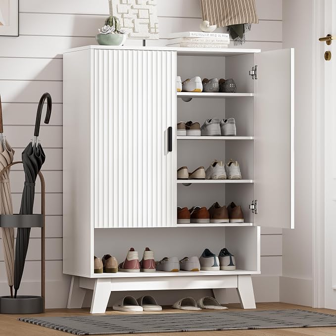 Shoe Cabinet Storage for Entryway with Doors, 5 Tier Fluted Shoe Organizer with Adjustable Shelves, Entryway Shoe Storage with Wooden Legs, Freestanding Hidden Shoe Rack for Front Door Entrance, White by HUANLEGO