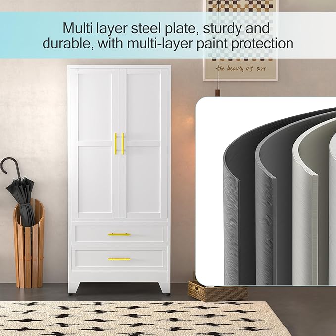 Ckzbx 71" H Metal Armoire Wardrobe Closet with 2 Drawers, Adjustable Shelve, Clothes Drying Pole, Steel Wardrobe Cabinet for Bedroom (White)