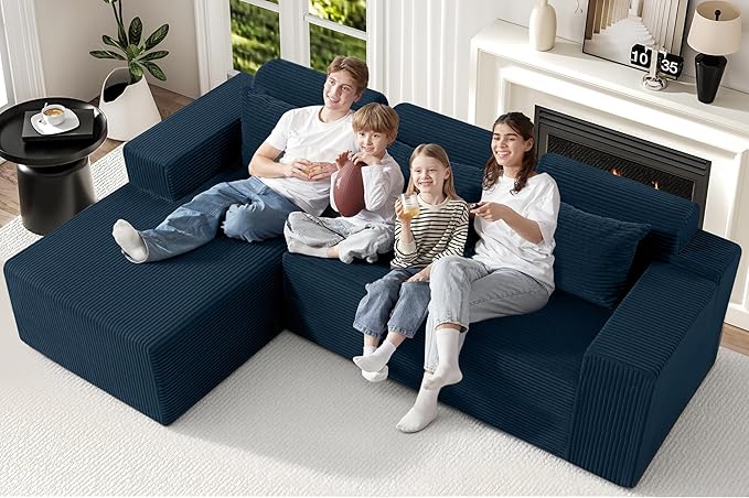 Homguava Modular Sectional Couches for Living Room,105" Cloud Couch with L-Shape Chaise,Comfy Sofa Living Room Sofas with Deep Seat,No Assembly L Couch,Corduroy Fabric(Blue,L)