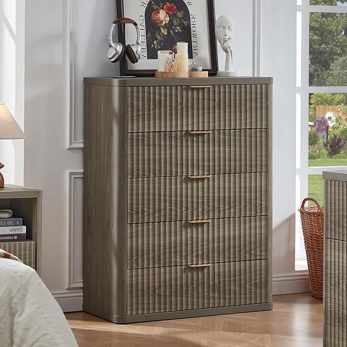LEYAOYAO Fluted 5 Drawers Dresser Set of 2, 41" Tall Modern Chest of Drawers with Metal Handle, Curved Profile Dresser TV Stand, Wooden Drawer Organizer for Bedroom, Living Room, Hallway,Grey - Image 5