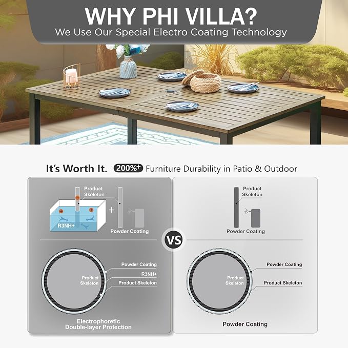 PHI VILLA 64" Rectangle Outdoor Dining Table, Patio Furniture Wood-Like Tabletop with Umbrella Hole for Patio Lawn Backyard Garden, Brown - Image 7