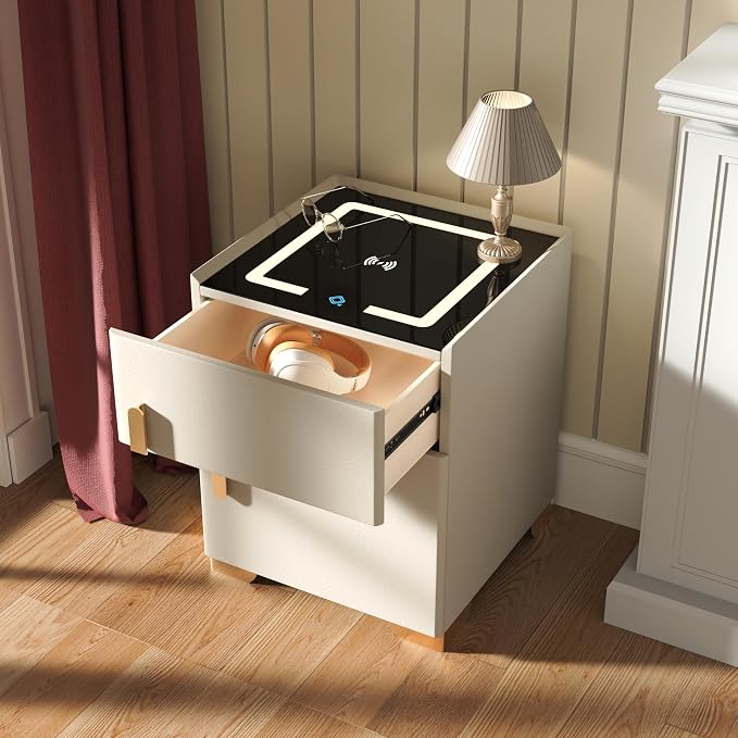 Nightstand with Drawer, Wireless Charging Bedside Table 3 LED Light Night Stand with Safe, Modern End Table with Drawers for Bedroom Office - Image 7