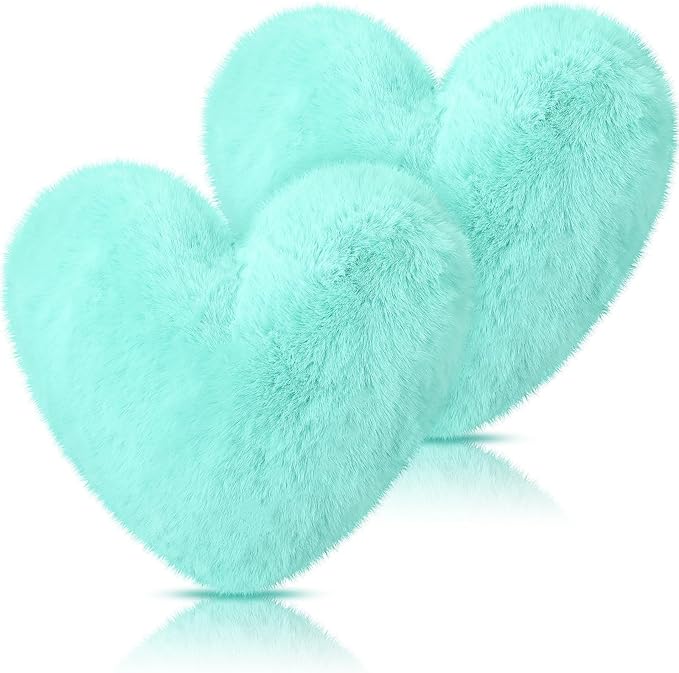 Marsui 2 Pcs Heart Throw Pillows, Soft Fluffy Faux Fur Decorative Hearts Shaped Pillows for Living Room Sofa Bed, Cute Heart Themed Gift for Women(Mint,11.81 x 11.02 Inch)
