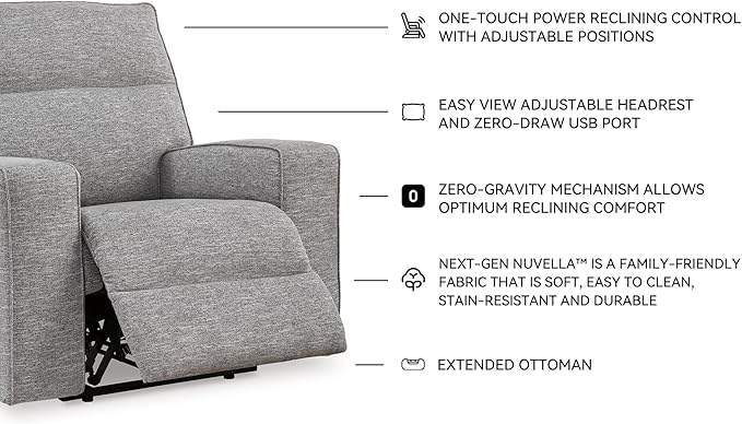 Signature Design by Ashley Biscoe Contemporary Power Recliner with Adjustable Headrest, USB Charging, Cleanable Performance Fabric, 21" Seat Height, Gray