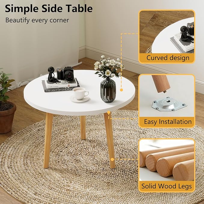 Round Coffee Table Low Table with 3 Solid Wood Sturdy Legs,Floor Table Desk for Sitting on The Floor,23.6"D x 23.6"W x 16"H Inches,Living Room/Toy room Furniture,Rental house Furniture (White)