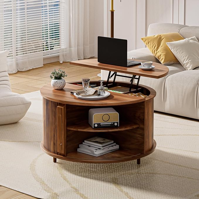 Round Lift Top Coffee Table, 31.5" Fluted Wood Lift Up Center Table with Sliding Door & Hidden Storage – Mid Century Modern Circle Coffee Table for Living Room, Home Office, Apartment (Walnut)