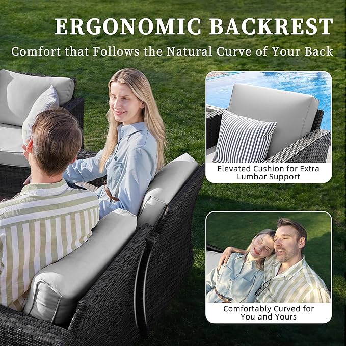 UDPATIO Patio Furniture Set with Fire Pit Table, Rocking Swivel Chairs, 5 Pieces Outdoor Furniture Sets, All-Weather Wicker Outdoor Sectional Sofa with Cover, 4'' Thickened Cushion, Light Grey