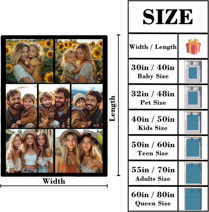 Custom Blanket with Picture, Customized Throw Photo Blanket, Personalized Birthday Christmas Valentine's Day for Men Women Dad Mom Boyfriends Girlfriends Adults Kids, 9 Photos