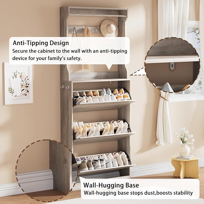 Shoe Storage Cabinet, Wood Shoe Organizer for Entryway with 3 Flip Drawers, Freestanding Shoe Rack with Adjustable Shelf, Narrow Shoe Dresser for Front Door Entrance(Grey, 78.74" x 31.5" x 9.37") - Image 6