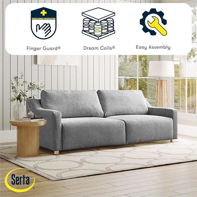 Serta Glendale 90.2" Queen Size Wall-Hugging Convertible Sofa, Dreamcoil Comfort, Chenille Fabric, Grey
