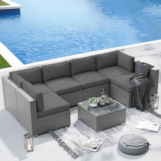 SUNCROWN UNCROWN Outdoor Patio Furniture Set 7 Piece Outdoor Sectional Sofa Grey Wicker Conversation Sofa Set with Coffee Table and Cushions, Backyard, Garden, Poolside, Grey