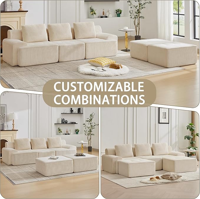 Modular Sectional Sofa with Movable Ottoman, 3 Seat Deep Seat Couch with 3 Pillows, Comfy Cloud Sectional Sofa for Living Room, Bedroom and Apartment (White, 1 Left+1 Right+1 Middle+2 Ottoman)