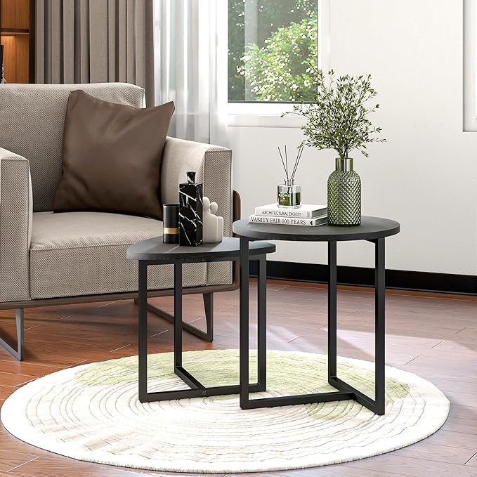HOJINLINERO Coffee Table Side Tables End Tables Living Room Set of 2,Round Small Coffee Table Decor for Bedroom,Modern & Sturdy Metal Frame & Wood Top,Easy Assembly,Black