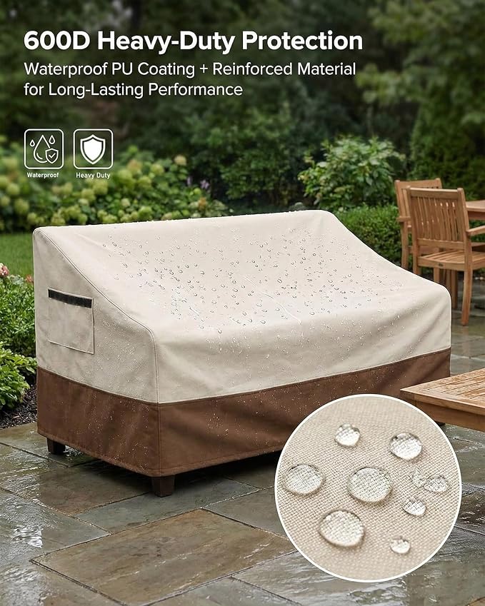 Outdoor Sofa Cover, Waterproof Patio Furniture Cover 58.3W x 32.7D x 31H inches Heavy Duty 600D Oxford Fabric Beige and Brown - Image 4