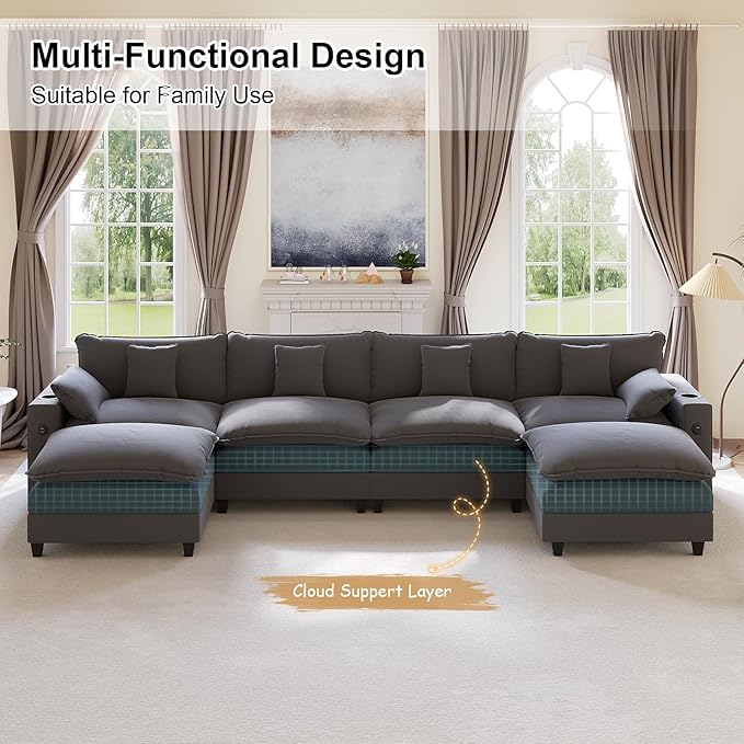 152" Modular Sectional Sofa, U Shaped Cloud Couch with Movable Ottoman, Chenille Deep Seat Cloud Sofa with Charging Station, Cup Holder, Side Pocket, Sectional Couches for Living Room, Grey