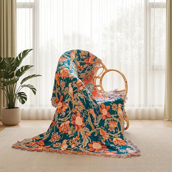 Boho Throw Blanket - 100% Cotton Ultra Soft Muslin Blanket, 50"x60" Lightweight Floral Bird Framhouse Bedding Spring Blanket for Bed, All Season Blue Bohemian Bedroom Home Decor Quilt